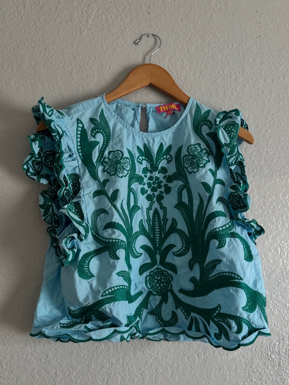 Anthropologie THML Teal Embroidered Flutter Sleeve Crop Top - Light Blue/Teal - Picture 2 of 4
